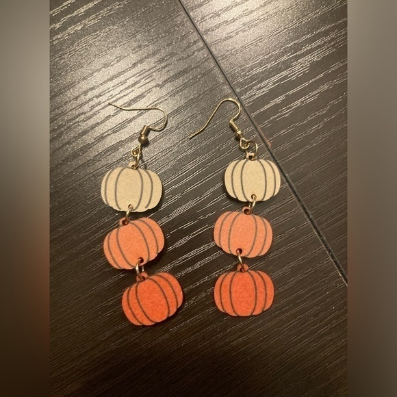 3/$20 Wooden Pumpkin earrings. Dangle earrings with 3 pumpkins. Brand new - Picture 2 of 2